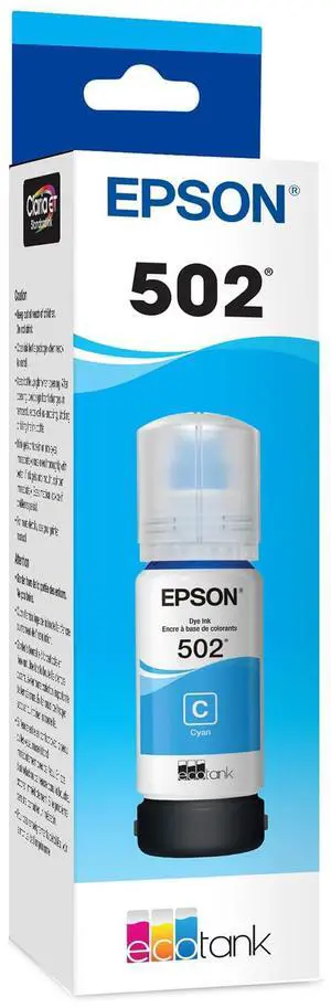 502 EcoTank Ink Ultra-high Capacity Bottle Cyan Works with ET-2750, 2760, 2850, 3750, 3760, 3850, 4850, and other select models 502 EcoTank Ink Ultra-high Capacity Bottle Cyan Works with ET-2750, 2760, 2850, 3750, 3760, 3850, 4850, and other select models