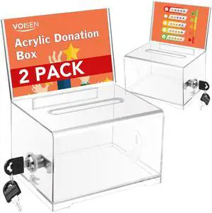 Clear Donation Box with Lock,2 Pack Tip Jar with Sign Holder Suggestion Box for Fundraising, Voting Box with Slot for School,Conference, Cash Box for Farm Stand, 6.2x4.6x3.9 Inch Clear Donation Box with Lock,2 Pack Tip Jar with Sign Holder Suggestion Box for Fundraising, Voting Box with Slot for School,Conference, Cash Box for Farm Stand, 6.2x4.6x3.9 Inch