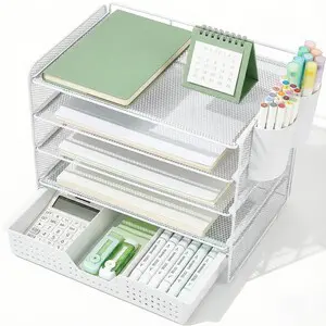 Desk Organizer and Accessories, 5-Tier Paper Letter Tray Organizer with Drawer & 2 Pen Holders for Desktop File Organization, Office Desk Accessories for Supplies Storage (White) Desk Organizer and Accessories, 5-Tier Paper Letter Tray Organizer with Drawer & 2 Pen Holders for Desktop File Organization, Office Desk Accessories for Supplies Storage (White)