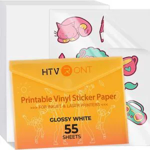 Printable Vinyl Sticker Paper, Glossy White, 8.5"x11", 55 Sheets Fast Dry, Great Stickiness, Tear Resistant, For Inkjet Printer, Easy to Use & Peel Off, Anti-Curl & Jam-Free Design Printable Vinyl Sticker Paper, Glossy White, 8.5"x11", 55 Sheets Fast Dry, Great Stickiness, Tear Resistant, For Inkjet Printer, Easy to Use & Peel Off, Anti-Curl & Jam-Free Design