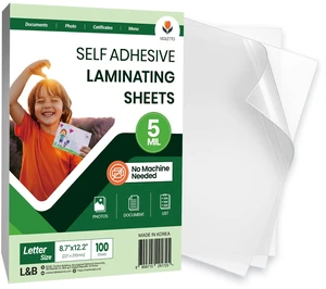 Self-Adhesive Laminating Sheets, Fits 8.5 x 11, No Machine, 100 8.7 x 12.2 in cold lamination film, 5 mil clear gloss. No laminator or heat. Classroom and office bulk supply for teachers Self-Adhesive Laminating Sheets, Fits 8.5 x 11, No Machine, 100 8.7 x 12.2 in cold lamination film, 5 mil clear gloss. No laminator or heat. Classroom and office bulk supply for teachers