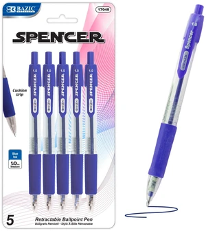 Spencer Blue Ink Retractable Pens, 1.0 mm, 5 Ct, 24-Box Smooth quick-dry ink, Blue ink retractable ballpoint pens, Soft cushion grip, 1.0 mm medium, One-click, Pocket clip Spencer Blue Ink Retractable Pens, 1.0 mm, 5 Ct, 24-Box Smooth quick-dry ink, Blue ink retractable ballpoint pens, Soft cushion grip, 1.0 mm medium, One-click, Pocket clip