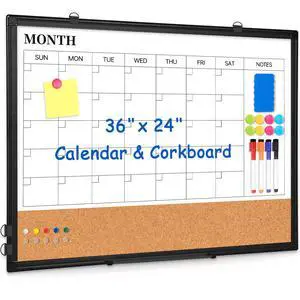 Calendar Whiteboard Dry Erase for Wall, 36" x 24" Month White Board Black Double-Sided Magnetic, Calendar Cork Whiteboard Combo, Aluminium Frame, Bulletin Portable Board, Home Office School Calendar Whiteboard Dry Erase for Wall, 36" x 24" Month White Board Black Double-Sided Magnetic, Calendar Cork Whiteboard Combo, Aluminium Frame, Bulletin Portable Board, Home Office School