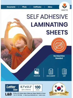 Self Stick Laminating Sheets 8.5 x 11 Inches, 4mil, Pack of 100 Letter size sheets with a clear glossy finish for photos, cards, certificates, menus and name tags at home or school Self Stick Laminating Sheets 8.5 x 11 Inches, 4mil, Pack of 100 Letter size sheets with a clear glossy finish for photos, cards, certificates, menus and name tags at home or school