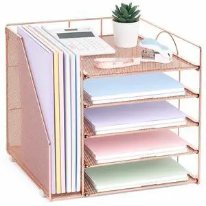 Desk Organizers and Accessories, 5-Tier Paper Letter Tray Organizer with File Holder, Desktop Organizer for Office Supplies (Rose Gold) Desk Organizers and Accessories, 5-Tier Paper Letter Tray Organizer with File Holder, Desktop Organizer for Office Supplies (Rose Gold)