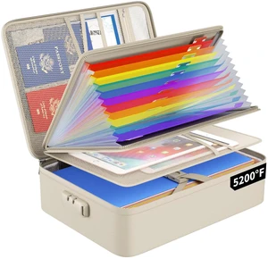Fireproof File Organizer Bag with 13 Pockets Accordion File Folder 5200 Document Organizer Box with Lock & Labels, Multi-Layer, Portable Home Safe Storage for Important Documents, Beige Fireproof File Organizer Bag with 13 Pockets Accordion File Folder 5200 Document Organizer Box with Lock & Labels, Multi-Layer, Portable Home Safe Storage for Important Documents, Beige
