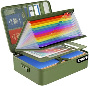 Fireproof File Organizer Bag with 13 Pockets Accordion File Folder 5200 Document Organizer Box with Lock & Labels, Multi-Layer, Portable Home Safe Storage for Important Documents, Green Fireproof File Organizer Bag with 13 Pockets Accordion File Folder 5200 Document Organizer Box with Lock & Labels, Multi-Layer, Portable Home Safe Storage for Important Documents, Green