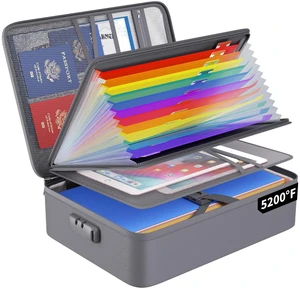 Fireproof File Organizer Bag with 13 Pockets Accordion File Folder 5200 Document Organizer Box with Lock & Labels, Multi-Layer, Portable Home Safe Storage for Important Documents, Gray Fireproof File Organizer Bag with 13 Pockets Accordion File Folder 5200 Document Organizer Box with Lock & Labels, Multi-Layer, Portable Home Safe Storage for Important Documents, Gray