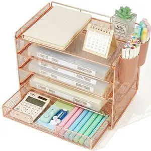 Desk Organizer and Accessories, 5-Tier Paper Letter Tray Organizer with Drawer & 2 Pen Holders for Desktop File Organization, Office Desk Accessories for Supplies Storage (Rose Gold) Desk Organizer and Accessories, 5-Tier Paper Letter Tray Organizer with Drawer & 2 Pen Holders for Desktop File Organization, Office Desk Accessories for Supplies Storage (Rose Gold)