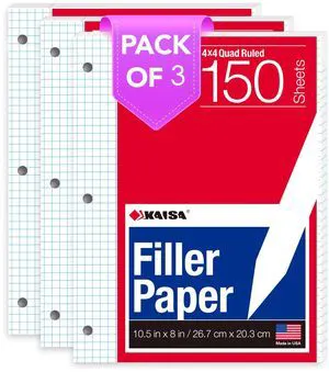 Graph Paper Filler Paper USA-Made Bulk Wholesale Available 3 Pack 4x4 Quad Rule 3-Hole Punched Loose Leaf Paper 8x10.5 Filler Paper for 3-Ring Binder, 150 Sheets/Pack Graph Paper Filler Paper USA-Made Bulk Wholesale Available 3 Pack 4x4 Quad Rule 3-Hole Punched Loose Leaf Paper 8x10.5 Filler Paper for 3-Ring Binder, 150 Sheets/Pack