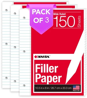 Filler Paper Loose Leaf Paper, Wide Ruled Paper, 8"x10-1/2", 3-Hole Punched Binder Paper For 3-Ring Binders,150 Sheets/pack 3Pack, F15001W Filler Paper Loose Leaf Paper, Wide Ruled Paper, 8"x10-1/2", 3-Hole Punched Binder Paper For 3-Ring Binders,150 Sheets/pack 3Pack, F15001W