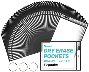 50 Packs Oversized Reusable Dry Erase Pocket Sleeves with 3 Rings, Black 10x14 Ticket Holders, Clear Plastic Sheet Protectors, Teacher School Classroom Supplies 50 Packs Oversized Reusable Dry Erase Pocket Sleeves with 3 Rings, Black 10x14 Ticket Holders, Clear Plastic Sheet Protectors, Teacher School Classroom Supplies
