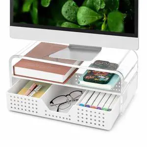 Desk Organizer and Accessories, 2-Tier Computer Monitor Stand Riser with Drawer and 2 Pen Holders, Laptop Stand, Office Desk Accessories for Office Supplies, Transparent Desk Organizer and Accessories, 2-Tier Computer Monitor Stand Riser with Drawer and 2 Pen Holders, Laptop Stand, Office Desk Accessories for Office Supplies, Transparent