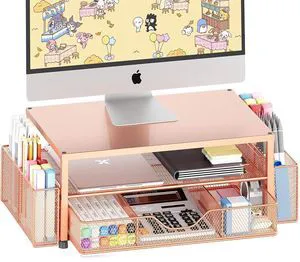 Desk Organizer and Accessories, 2-Tier Computer Monitor Stand Riser with Drawer and 2 Pen Holders, Laptop Stand, Office Desk Accessories for Office Supplies, Rose Desk Organizer and Accessories, 2-Tier Computer Monitor Stand Riser with Drawer and 2 Pen Holders, Laptop Stand, Office Desk Accessories for Office Supplies, Rose