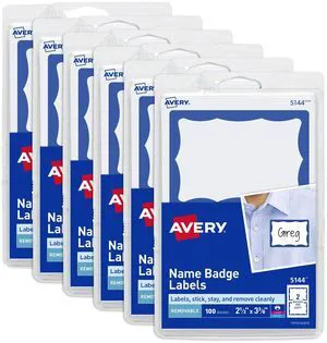 Customizable Name Tags, 2-1/3" x 3-3/8", White with Blue Border, Removable Adhesive, 100 Name Badge Labels per Pack, Great for Meetings, Events, and More (6 Packs of 44144) Customizable Name Tags, 2-1/3" x 3-3/8", White with Blue Border, Removable Adhesive, 100 Name Badge Labels per Pack, Great for Meetings, Events, and More (6 Packs of 44144)