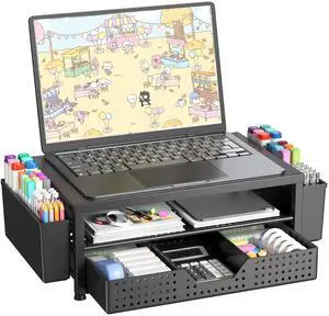Desk Organizer and Accessories, 2-Tier Computer Monitor Stand Riser with Drawer and 2 Pen Holders, Laptop Stand, Office Desk Accessories for Office Supplies, Light Black Desk Organizer and Accessories, 2-Tier Computer Monitor Stand Riser with Drawer and 2 Pen Holders, Laptop Stand, Office Desk Accessories for Office Supplies, Light Black
