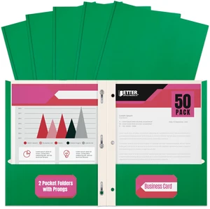 Green Paper 2 Pocket Folders with Prongs, 50 Pack, Matte Texture, Letter Size Paper Folders, 50 Pack, with 3 Metal Prong Fastener Clips, Green Green Paper 2 Pocket Folders with Prongs, 50 Pack, Matte Texture, Letter Size Paper Folders, 50 Pack, with 3 Metal Prong Fastener Clips, Green