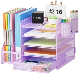 Desk Organizer with File Holder, 5-Tier Paper Letter Tray Organizer with Drawer and 2 Pen Holder, Mesh Desktop Organizer and Storage with Magazine Holder for Office Supplies(Purple) Desk Organizer with File Holder, 5-Tier Paper Letter Tray Organizer with Drawer and 2 Pen Holder, Mesh Desktop Organizer and Storage with Magazine Holder for Office Supplies(Purple)