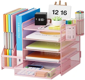 Desk Organizer with File Holder, 5-Tier Paper Letter Tray Organizer with Drawer and 2 Pen Holder, Mesh Desktop Organizer and Storage with Magazine Holder for Office Supplies(Pink) Desk Organizer with File Holder, 5-Tier Paper Letter Tray Organizer with Drawer and 2 Pen Holder, Mesh Desktop Organizer and Storage with Magazine Holder for Office Supplies(Pink)
