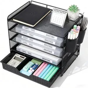 Desk Organizer and Accessories, 5-Tier Paper Letter Tray Organizer with Drawer & 2 Pen Holders for Desktop File Organization, Office Desk Accessories for Supplies Storage (Black) Desk Organizer and Accessories, 5-Tier Paper Letter Tray Organizer with Drawer & 2 Pen Holders for Desktop File Organization, Office Desk Accessories for Supplies Storage (Black)