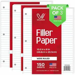 Loose Leaf Paper, Wide Ruled Notebook Paper, 8 x 10.5, 150 Sheets per Pack, 3 Pack Bulk Lined Filler Paper, 3 Hole Punched, 60gsm, Made in USA Loose Leaf Paper, Wide Ruled Notebook Paper, 8 x 10.5, 150 Sheets per Pack, 3 Pack Bulk Lined Filler Paper, 3 Hole Punched, 60gsm, Made in USA
