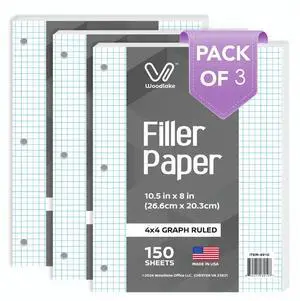 Loose Leaf Graph Paper, 4x4 Quad Ruled Notebook Paper, 8 x 10.5 Graphing Paper, 150 Sheets per Pack, 3 Pack Filler Paper, 3 Hole Punched, Made in USA Loose Leaf Graph Paper, 4x4 Quad Ruled Notebook Paper, 8 x 10.5 Graphing Paper, 150 Sheets per Pack, 3 Pack Filler Paper, 3 Hole Punched, Made in USA
