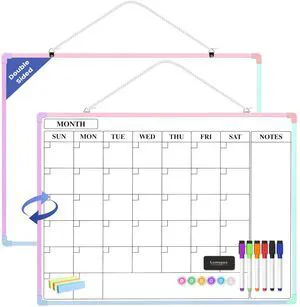 Monthly Whiteboard Calendar for Wall, 24" x 18" Dry Erase Board with Plastic Frame, Hanging Dry Erase Calendar with 3 Mini Sticky Notes for Kitchen Planner, Memo, Home and Office, Colorful Monthly Whiteboard Calendar for Wall, 24" x 18" Dry Erase Board with Plastic Frame, Hanging Dry Erase Calendar with 3 Mini Sticky Notes for Kitchen Planner, Memo, Home and Office, Colorful
