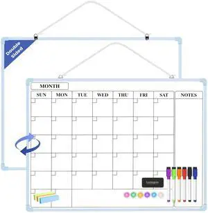 Monthly Whiteboard Calendar for Wall, 24" x 18" Dry Erase Board with Plastic Frame, Hanging Dry Erase Calendar with 3 Mini Sticky Notes for Kitchen Planner, Memo, Home and Office, Blue Monthly Whiteboard Calendar for Wall, 24" x 18" Dry Erase Board with Plastic Frame, Hanging Dry Erase Calendar with 3 Mini Sticky Notes for Kitchen Planner, Memo, Home and Office, Blue
