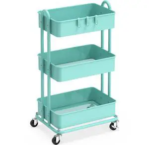3-Tier Heavy Duty Metal Utility Rolling Cart, Turquoise 3-Tier Heavy Duty Metal Utility Rolling Cart, Turquoise