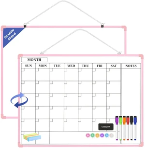Monthly Whiteboard Calendar for Wall, 24" x 18" Dry Erase Board with Plastic Frame, Hanging Dry Erase Calendar with 3 Mini Sticky Notes for Kitchen Planner, Memo, Home and Office, Pink Monthly Whiteboard Calendar for Wall, 24" x 18" Dry Erase Board with Plastic Frame, Hanging Dry Erase Calendar with 3 Mini Sticky Notes for Kitchen Planner, Memo, Home and Office, Pink