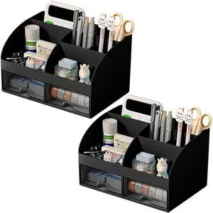 Desk Organizer with 6 Compartments and 2 Drawers, Plastic Makeup Organizer, Pen Holder for Desktop Storage, Desk Organization for School, Home, Office Supplies Black-2Pack Desk Organizer with 6 Compartments and 2 Drawers, Plastic Makeup Organizer, Pen Holder for Desktop Storage, Desk Organization for School, Home, Office Supplies Black-2Pack