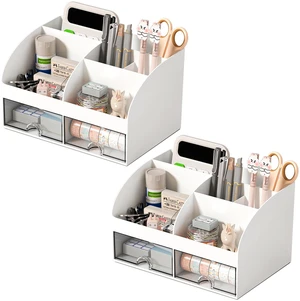Desk Organizer with 6 Compartments and 2 Drawers, Plastic Makeup Organizer, Pen Holder for Desktop Storage, Desk Organization for School, Home, Office Supplies (White-2Pack) Desk Organizer with 6 Compartments and 2 Drawers, Plastic Makeup Organizer, Pen Holder for Desktop Storage, Desk Organization for School, Home, Office Supplies (White-2Pack)