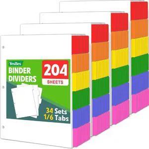 204 Pcs Binder Dividers with Multicolor Tabs, 1/6 Cut Tabs, Dividers for 3 Ring Binder, Blank Write On Binder Dividers in 6 Tab Sets, Letter Size, 204 Dividers, 34 Sets 204 Pcs Binder Dividers with Multicolor Tabs, 1/6 Cut Tabs, Dividers for 3 Ring Binder, Blank Write On Binder Dividers in 6 Tab Sets, Letter Size, 204 Dividers, 34 Sets
