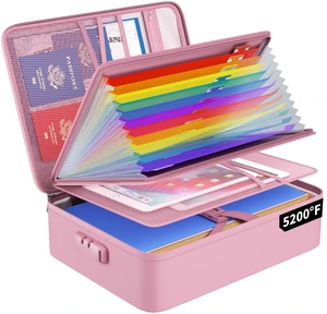 Fireproof File Organizer Bag with 13 Pockets Accordion File Folder 5200 Document Organizer Box with Lock & Labels, Multi-Layer, Portable Home Safe Storage for Important Documents, Pink Fireproof File Organizer Bag with 13 Pockets Accordion File Folder 5200 Document Organizer Box with Lock & Labels, Multi-Layer, Portable Home Safe Storage for Important Documents, Pink