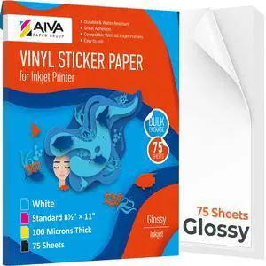 Printable Vinyl Sticker Paper - Waterproof Decal Paper for Inkjet Printer - 75 Self-Adhesive Sheets - Glossy White - Standard Letter Size 8.5"x11" Printable Vinyl Sticker Paper - Waterproof Decal Paper for Inkjet Printer - 75 Self-Adhesive Sheets - Glossy White - Standard Letter Size 8.5"x11"