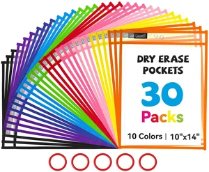 30 Pack Dry Erase Pockets, 10x14 Reusable Sleeves, 10 Colors 30 reusable PVC pockets hold 8.5 x 11 and 9 x 12 sheets; double sided wipe clean surfaces, pen loops, eyelets, and 5 rings 30 Pack Dry Erase Pockets, 10x14 Reusable Sleeves, 10 Colors 30 reusable PVC pockets hold 8.5 x 11 and 9 x 12 sheets; double sided wipe clean surfaces, pen loops, eyelets, and 5 rings