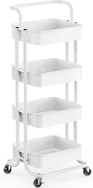 Metal 4 Tier Rolling Cart with Handle & 2 Lockable Wheels, White Four Large 2" Wheels for Easier Movement, Sturdy Metal, Hold 22 lbs per Shelf, Ventilated Mesh Design, for Office and Kitchen Metal 4 Tier Rolling Cart with Handle & 2 Lockable Wheels, White Four Large 2" Wheels for Easier Movement, Sturdy Metal, Hold 22 lbs per Shelf, Ventilated Mesh Design, for Office and Kitchen