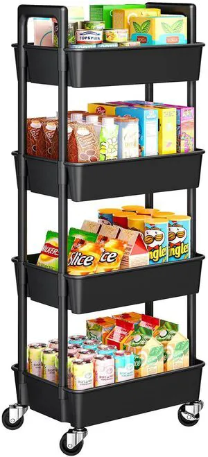 4-Tier Rolling Cart, Plastic Cart with Lockable Wheels & Reinforced Handle, Lightweight Utility Storage for Nursery, Bathroom, Craft Room, Black 4-Tier Rolling Cart, Plastic Cart with Lockable Wheels & Reinforced Handle, Lightweight Utility Storage for Nursery, Bathroom, Craft Room, Black