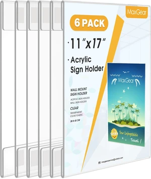 Acrylic Sign Holder 11 x 17 Wall Mount with Tape, 6 Pack, Vertical Strong Double-Sided Tape, Easy Insert and Replace Paper, Poster, Document and Flyer, Acrylic Frame for Office, Home, Store Acrylic Sign Holder 11 x 17 Wall Mount with Tape, 6 Pack, Vertical Strong Double-Sided Tape, Easy Insert and Replace Paper, Poster, Document and Flyer, Acrylic Frame for Office, Home, Store