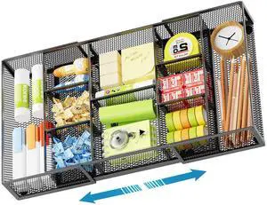 Expandable Desk Drawer Organizer, Mesh Drawer Organizer Tray with 10 Adjustable Compartments, Desk Organizers and Accessories for Office Supplies (Longer Expandable Drawer Organizer-B) Expandable Desk Drawer Organizer, Mesh Drawer Organizer Tray with 10 Adjustable Compartments, Desk Organizers and Accessories for Office Supplies (Longer Expandable Drawer Organizer-B)