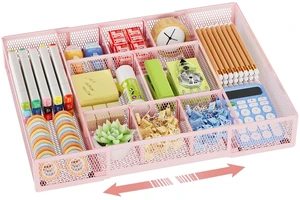 Expandable Desk Drawer Organizer, Mesh Tray with 10 Adjustable Compartments, Desk Organizers for Office Supplies, Makeup & Vanity (Expandable-Pink) Expandable Desk Drawer Organizer, Mesh Tray with 10 Adjustable Compartments, Desk Organizers for Office Supplies, Makeup & Vanity (Expandable-Pink)