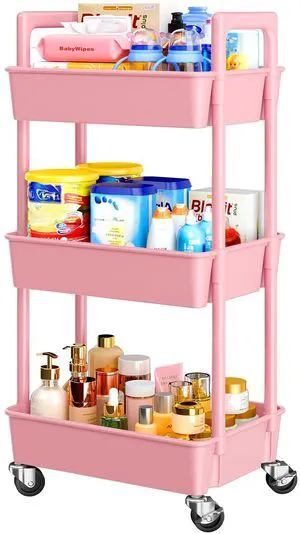 3 Tier Rolling Cart Organizer, Plastic Rolling Cart with Lockable Wheels & Reinforced Handle, Lightweight Utility Storage Cart for Nursery, Kitchen, Craft Room, Pink 3 Tier Rolling Cart Organizer, Plastic Rolling Cart with Lockable Wheels & Reinforced Handle, Lightweight Utility Storage Cart for Nursery, Kitchen, Craft Room, Pink