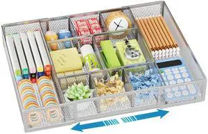 Expandable Desk Drawer Organizer, Mesh Tray with 10 Adjustable Compartments, Desk Organizers for Office Supplies, Makeup & Vanity (Expandable-Silver) Expandable Desk Drawer Organizer, Mesh Tray with 10 Adjustable Compartments, Desk Organizers for Office Supplies, Makeup & Vanity (Expandable-Silver)