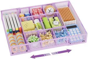 Expandable Desk Drawer Organizer, Mesh Drawer Organizer Tray with 10 Adjustable Compartments, Desk Organizers and Accessories for Office Supplies, Makeup & Vanity (Expandable-Purple) Expandable Desk Drawer Organizer, Mesh Drawer Organizer Tray with 10 Adjustable Compartments, Desk Organizers and Accessories for Office Supplies, Makeup & Vanity (Expandable-Purple)