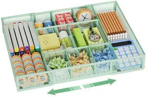 Expandable Desk Drawer Organizer, Mesh Drawer Organizer Tray with 10 Adjustable Compartments, Desk Organizers and Accessories for Office Supplies, Makeup & Vanity (Expandable-Green) Expandable Desk Drawer Organizer, Mesh Drawer Organizer Tray with 10 Adjustable Compartments, Desk Organizers and Accessories for Office Supplies, Makeup & Vanity (Expandable-Green)