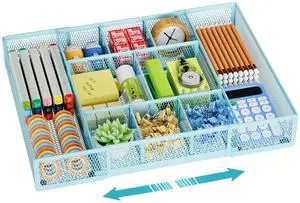 Expandable Desk Drawer Organizer, Mesh Drawer Organizer Tray with 10 Adjustable Compartments, Desk Organizers and Accessories for Office Supplies, Makeup & Vanity (Expandable-Blue) Expandable Desk Drawer Organizer, Mesh Drawer Organizer Tray with 10 Adjustable Compartments, Desk Organizers and Accessories for Office Supplies, Makeup & Vanity (Expandable-Blue)