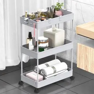 3 Tier Rolling Cart with Wheels, Storage Craft Art Trolley Organizer Serving, 3 Hanging Baskets Easy Assembly, for Office, Living Room, Kitchen, Gray 3 Tier Rolling Cart with Wheels, Storage Craft Art Trolley Organizer Serving, 3 Hanging Baskets Easy Assembly, for Office, Living Room, Kitchen, Gray