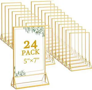24 Pack 5x7 Inch Clear Acrylic Sign Holders, Double-Sided Gold Display Stand Picture Frames for Table Numbers, Menus, Flyers, Weddings, and Offices 24 Pack 5x7 Inch Clear Acrylic Sign Holders, Double-Sided Gold Display Stand Picture Frames for Table Numbers, Menus, Flyers, Weddings, and Offices