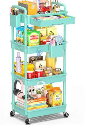 4 Tier Rolling Cart with Drawer, Craft Storage Cart Organizer, Blue Bathroom Storage Organizer with 2 Lockable Wheels, Rolling Utility Cart for Kitchen, Office, Baby, Makeup, Nail,Snack,Laundry 4 Tier Rolling Cart with Drawer, Craft Storage Cart Organizer, Blue Bathroom Storage Organizer with 2 Lockable Wheels, Rolling Utility Cart for Kitchen, Office, Baby, Makeup, Nail,Snack,Laundry