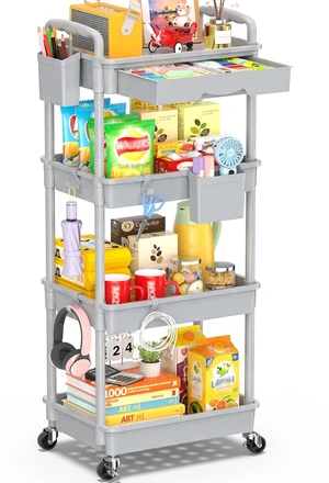 4 Tier Rolling Cart with Drawer, Craft Storage Cart Organizer, Gray Bathroom Storage Organizer with 2 Lockable Wheels, Rolling Utility Cart for Kitchen, Office, Baby, Makeup, Nail,Snack,Laundry 4 Tier Rolling Cart with Drawer, Craft Storage Cart Organizer, Gray Bathroom Storage Organizer with 2 Lockable Wheels, Rolling Utility Cart for Kitchen, Office, Baby, Makeup, Nail,Snack,Laundry